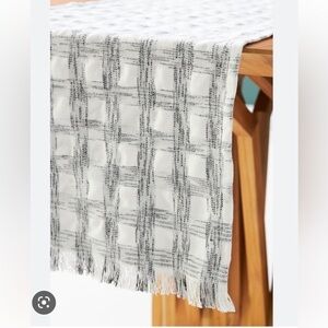 By Anthropologie Mahon Table Runner Black White Plaid Fringe Ends 16” x 90”